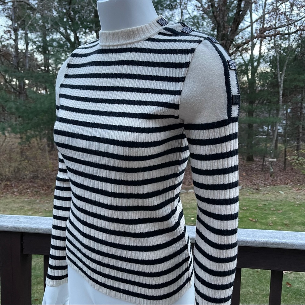 CHANEL Nautical Theme Sweater with Logo Buttons Beige/Black 38 Authentic!